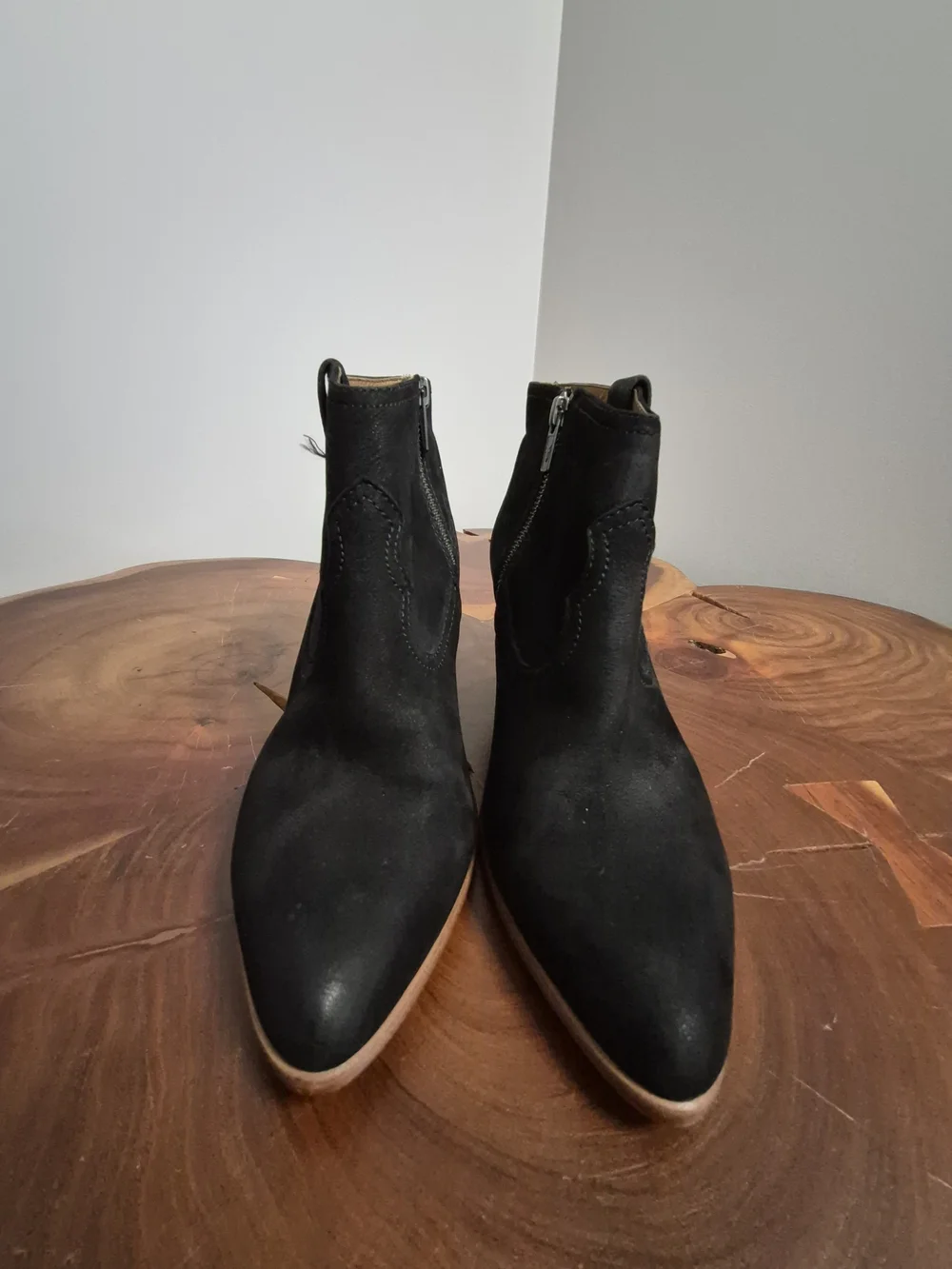 Frye Reina Bootie Black Suede Nubuck Western Ankle Boot Stacked Heel - 8.5